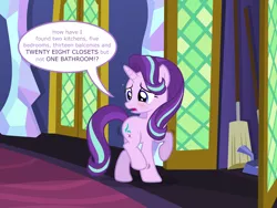 Size: 8000x6000 | Tagged: safe, artist:ithinkitsdivine, derpibooru import, starlight glimmer, pony, unicorn, absurd resolution, blushing, broom, broom closet, cute, desperation, dialogue, dustpan, female, fetish, lost, need to pee, omorashi, potty dance, potty emergency, potty time, raised hoof, show accurate, solo, sweat, trotting, trotting in place, twilight's castle, worried