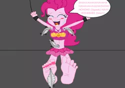 Size: 1254x888 | Tagged: suggestive, artist:logan jones, derpibooru import, pinkie pie, equestria girls, 1000 hours in ms paint, armpits, barefoot, belly, belly button, bondage, clothes, crying, feet, female, fetish, foot fetish, foot tickling, laughing, nail polish, sexy, soles, swimsuit, tears of laughter, tickle fetish, tickle torture, tickling, toes