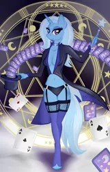 Size: 1729x2677 | Tagged: suggestive, artist:virenth, derpibooru import, trixie, anthro, unguligrade anthro, unicorn, belly button, breasts, clothes, decollete, female, hat, magic show, panties, playing card, socks, solo, solo female, thigh highs, underwear