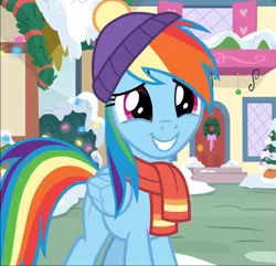 Size: 973x938 | Tagged: safe, derpibooru import, screencap, rainbow dash, pegasus, pony, best gift ever, clothes, cropped, cute, dashabetes, female, hat, mare, scarf, smiling, solo, winter outfit