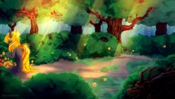 Size: 1920x1080 | Tagged: artist:skylacuna, changeling, changeling oc, crepuscular rays, derpibooru import, female, flower, forest, oc, oc:gold nova, safe, scenery, solo, sunlight, tree, unofficial characters only