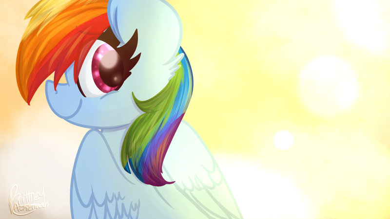 Size: 1920x1080 | Tagged: safe, artist:littleblackraencloud, derpibooru import, rainbow dash, pegasus, pony, bright, cloud, female, looking at you, looking back, looking back at you, mare, rear view, redraw, smiling, solo, sun, sunlight, three quarter view, wings