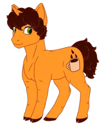 Size: 500x585 | Tagged: safe, artist:guidomista, artist:miiistaaa, artist:nijimillions, derpibooru import, oc, oc:triple shot, pony, unicorn, brown, cloven hooves, coffee, coffee cup, coffee mug, colt, cup, curls, curly hair, design, food, horns, male, mug, orange, ponysona, solo, stallion