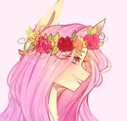 Size: 755x723 | Tagged: safe, artist:emily-826, derpibooru import, fluttershy, pony, bust, chest fluff, cute, female, floral head wreath, flower, mare, pink background, portrait, profile, shyabetes, simple background, solo