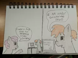 Size: 4032x3024 | Tagged: safe, artist:pinkamenace, derpibooru import, oc, oc:golden lotus, pony, computer, dialogue, traditional art