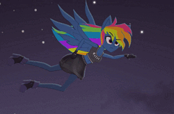 Size: 388x254 | Tagged: safe, artist:galacticflashd, derpibooru import, rainbow dash, equestria girls, secrets and pies, adorapiehater, animated, clothes, cute, equestria girls-ified, evil pie hater dash, eyeshadow, female, flying, gloves, goth, hand on hip, makeup, night, ponied up, solo