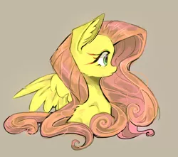 Size: 1292x1141 | Tagged: safe, artist:mequiloano, derpibooru import, fluttershy, pegasus, pony, back fluff, bust, cute, ear fluff, female, gray background, mare, portrait, profile, shyabetes, simple background, solo, spread wings, wings