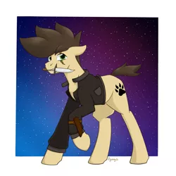 Size: 1581x1581 | Tagged: safe, artist:dyonys, derpibooru import, oc, oc:night chaser, earth pony, pony, clothes, full body, jacket, knife, male, mouth hold, raised hoof, scar, solo, stallion