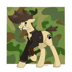 Size: 1581x1581 | Tagged: safe, artist:dyonys, derpibooru import, oc, oc:night chaser, earth pony, pony, clothes, jacket, knife, male, mouth hold, raised hoof, scar, solo, stallion