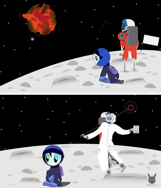 Size: 4000x4680 | Tagged: safe, artist:wheatley r.h., derpibooru import, oc, oc:sturdy diablo, unofficial characters only, bat pony, pony, comic:sturdy oddity, 2 panel comic, arsenic tank, astronaut, bat pony oc, bat wings, clothes, comic, cosmonaut, crater, earth shattering kaboom, end of the world, explosion, flag, hair, hand, lab coat, looking up, male, monolith, moon, nitrogen tank, on the moon, oxygen tank, planet, plasma ball, portal (valve), portal 2, sad, satellite, sequence, shocked, sitting, space, spacesuit, spanish, spanish text, sputnik, stars, torn clothes, translated in the description, two toned mane, vector, watermark, wheatley, wings