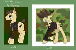 Size: 1781x1181 | Tagged: safe, artist:dyonys, derpibooru import, oc, oc:night chaser, unofficial characters only, pony, clothes, comparison, draw this again, jacket, knife, male, redraw, scar, stallion