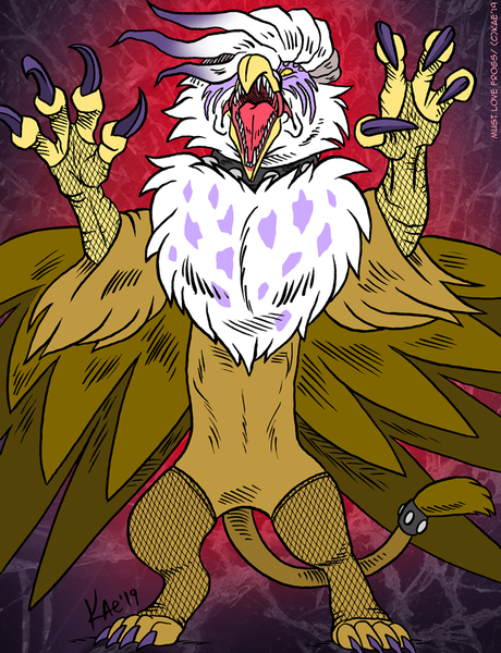 Size: 843x1100 | Tagged: safe, artist:kaemantis, deleted from derpibooru, derpibooru import, gilda, gryphon, comic:junior gala, angry, beak, beak teeth, claws, collar, colored claws, female, fishnets, gilda is not amused, gradient background, imminent violence, majestic, open beak, open mouth, rage, rearing, red background, simple background, solo, spiked collar, talons, teeth, this will end in pain, unamused