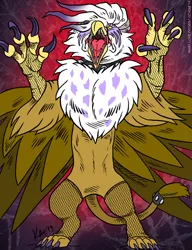 Size: 843x1100 | Tagged: safe, artist:kaemantis, deleted from derpibooru, derpibooru import, gilda, gryphon, comic:junior gala, angry, beak, beak teeth, claws, collar, colored claws, female, fishnets, gilda is not amused, gradient background, imminent violence, majestic, open beak, open mouth, rage, rearing, red background, simple background, solo, spiked collar, talons, teeth, this will end in pain, unamused