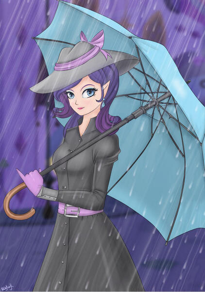 Size: 721x1024 | Tagged: artist:mdeltar, clothes, cute, derpibooru import, dress, ear piercing, earring, elf ears, female, hat, human, humanized, jewelry, piercing, rain, raincoat, raribetes, rarity, safe, solo, umbrella, unicorns as elves