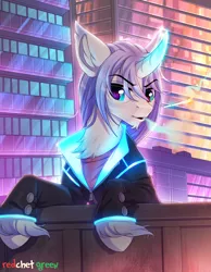 Size: 1200x1546 | Tagged: safe, artist:redchetgreen, derpibooru import, oc, unofficial characters only, pony, unicorn, blue eyes, cigarette, city, clothes, glowing horn, horn, magic, purple mane, smoking, solo, telekinesis, unshorn fetlocks, white coat
