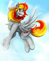 Size: 800x1000 | Tagged: safe, artist:lostdreamm, derpibooru import, oc, oc:tridashie, unofficial characters only, pegasus, pony, chest fluff, cloud, cute, ear fluff, eye clipping through hair, female, flying, mare, ocbetes, open mouth, sky, solo, spread wings, wings