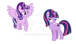 Size: 900x524 | Tagged: safe, artist:angel569, derpibooru import, starlight glimmer, twilight sparkle, alicorn, pony, unicorn, alicornified, alternate timeline, alternate universe, deviantart watermark, equal cutie mark, female, mare, obtrusive watermark, race swap, role reversal, simple background, starlicorn, transparent background, unicorn twilight, watermark, xk-class end-of-the-world scenario