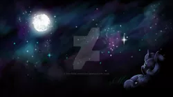 Size: 1024x576 | Tagged: safe, artist:feather-ponyart, derpibooru import, princess celestia, princess luna, alicorn, pony, deviantart watermark, female, filly, moon, night, obtrusive watermark, on back, royal sisters, solo, song reference, stargazing, stars, watermark, youtube video