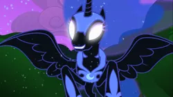 Size: 1667x937 | Tagged: safe, derpibooru import, screencap, nightmare moon, princess luna, alicorn, pony, luna eclipsed, armor, ethereal mane, fangs, female, glowing eyes, jewelry, mare, nightmare moon glamour, regalia, solo, spread wings, starry mane, wings