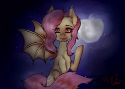 Size: 4092x2893 | Tagged: safe, artist:mistymindcarnival, derpibooru import, fluttershy, bat pony, :p, apple, bat ponified, chest fluff, cute, cute little fangs, eye clipping through hair, eyebrows visible through hair, fangs, flutterbat, food, leg fluff, moon, night, race swap, sky, solo, stars, tongue out