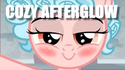 Size: 1280x720 | Tagged: suggestive, derpibooru import, edit, edited screencap, screencap, cozy glow, pegasus, pony, school raze, afterglow, blushing, caption, close-up, cozy glow is best facemaker, cozybetes, cute, female, filly, foal, image macro, implied foalcon, looking at you, pun, solo, text
