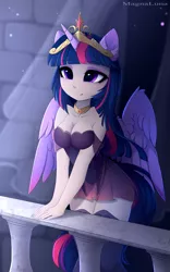 Size: 1251x2000 | Tagged: suggestive, artist:magnaluna, derpibooru import, twilight sparkle, twilight sparkle (alicorn), alicorn, human, balcony, beautiful, big crown thingy, bottomless, breasts, choker, cleavage, clothes, corset, cute, dress, ear fluff, eared humanization, element of magic, evening gloves, eyelashes, eyeshadow, featureless crotch, female, gloves, horn, horned humanization, humanized, jewelry, leaning, lidded eyes, long gloves, makeup, miniskirt, moe, necklace, no panties, partial nudity, regalia, see-through, skirt, smiling, socks, solo, solo female, spread wings, tailed humanization, thigh highs, thighs, twiabetes, wing fluff, winged humanization, wings, zettai ryouiki