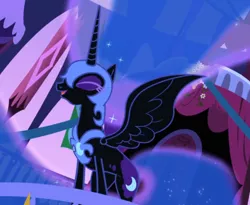 Size: 1140x936 | Tagged: safe, derpibooru import, screencap, nightmare moon, alicorn, pony, friendship is magic, armor, cropped, ethereal mane, evil laugh, eyes closed, female, jewelry, laughing, mare, open mouth, regalia, spread wings, starry mane, wings