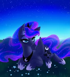 Size: 2305x2537 | Tagged: safe, artist:moonlitamberblossom, derpibooru import, princess luna, alicorn, pony, bedroom eyes, collar, colored pupils, crown, cute, digital art, ear fluff, ethereal mane, female, flower, folded wings, grass, high res, hoof shoes, jewelry, lidded eyes, lunabetes, lying down, mare, prone, regalia, sky, smiling, solo, starry mane, stars, wings