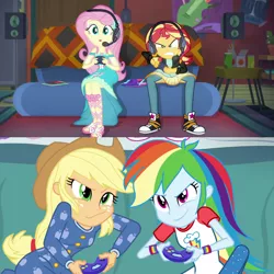 Size: 1080x1080 | Tagged: safe, derpibooru import, edit, screencap, applejack, fluttershy, rainbow dash, sunset shimmer, equestria girls, equestria girls series, game stream, rainbow rocks, spoiler:eqg series (season 2), applejack and rainbow dash playing, clothes, comparison, converse, exploitable meme, meme, pajamas, playing, shimmercode, shoes, shorts, sneakers, video game