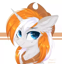 Size: 1542x1577 | Tagged: safe, artist:magicbalance, derpibooru import, oc, oc:sunset star, unofficial characters only, pony, unicorn, bust, cowboy hat, female, freckles, hat, portrait, solo