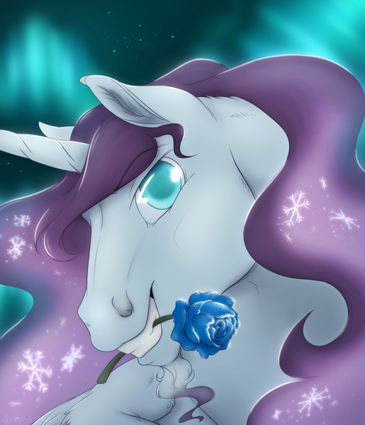 Size: 1400x1630 | Tagged: safe, artist:acry-artwork, derpibooru import, oc, oc:diamond shine, alicorn, pony, aurora borealis, bust, flower, frost, grin, male, portrait, rose, seductive look, smiling, snow, solo, stallion