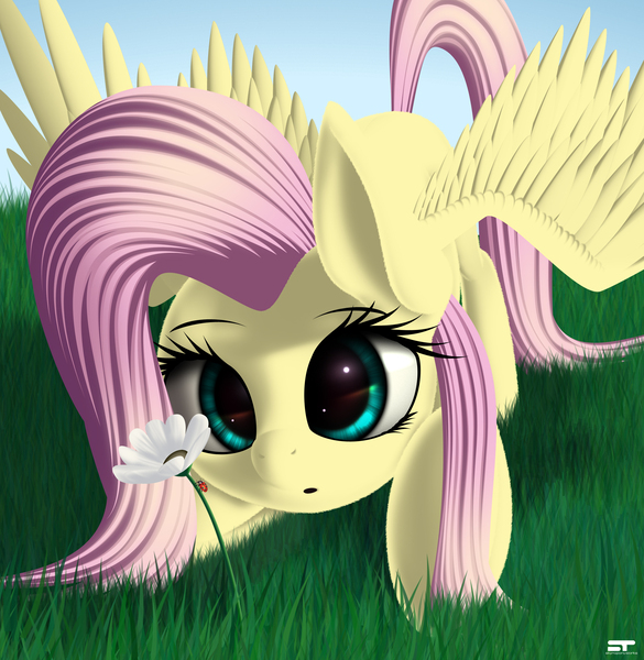 Size: 2370x2430 | Tagged: safe, artist:styroponyworks, derpibooru import, fluttershy, insect, ladybug, pegasus, pony, cute, female, flower, grass, looking at something, mare, shyabetes, solo, spread wings, wings