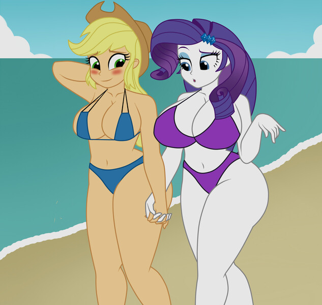 Size: 1900x1800 | Tagged: suggestive, artist:mashoart, derpibooru import, applejack, rarity, equestria girls, belly button, big breasts, bikini, blushing, breasts, busty applejack, busty rarity, clothes, duo, duo female, female, holding hands, lesbian, rarijack, shipping, swimsuit