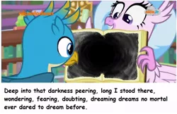 Size: 1058x684 | Tagged: safe, derpibooru import, edit, edited screencap, screencap, gallus, silverstream, classical hippogriff, gryphon, hippogriff, what lies beneath, book, caption, edgar allan poe, image macro, text, the raven, void