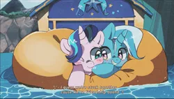 Size: 2672x1519 | Tagged: safe, artist:poneko-chan, derpibooru import, starlight glimmer, trixie, pony, unicorn, road to friendship, blushing, cheek squish, cheek to cheek, cute, diatrixes, duo, eye contact, female, friendshipping, ghastly gorge, glimmerbetes, i guess we're stuck together, inflatable, inflatable raft, looking at each other, mare, one eye closed, prone, raft, scene interpretation, shipping fuel, snuggling, squished, squishy cheeks, trixie's wagon, we're friendship bound