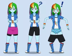 Size: 2024x1562 | Tagged: suggestive, artist:onagazgreat, derpibooru import, rainbow dash, human, equestria girls, badly edited, blue underwear, blushing, clothes, compression shorts, disappearing clothes, embarrassed, embarrassed underwear exposure, exclamation point, frilly underwear, humanized, kisekae, mushroom, open mouth, panties, pantsing, question mark, shorts, shorts pulled down, skirt, solo, super mario bros., underwear