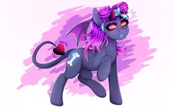 Size: 3480x2160 | Tagged: safe, artist:aaa-its-spook, derpibooru import, oc, oc:spook, demon, demon pony, original species, pony, eyeshadow, female, freckles, glowing eyes, horns, lipstick, makeup, monster mare, solo, tattoo