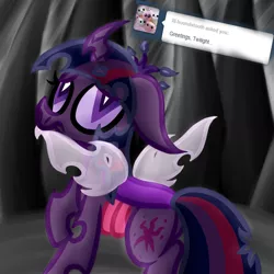 Size: 1000x1000 | Tagged: safe, artist:twyla-midfel, derpibooru import, part of a set, twilight sparkle, twilight sparkle (alicorn), alicorn, changeling, changeling queen, pony, ask changeling twilight, tumblr:ask changeling twilight, ask, big ears, cave, cavern, changeling princess, changelingified, curved horn, female, floppy ears, horn, jagged horn, nervous, part of a series, scared, shy, shy twi, solo, species swap, startled, stressed, tumblr