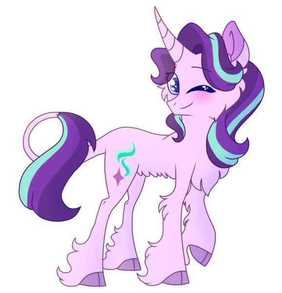 Size: 1280x1329 | Tagged: safe, artist:lolwise, derpibooru import, starlight glimmer, classical unicorn, pony, unicorn, belly fluff, blushing, cheek fluff, chest fluff, cloven hooves, colored pupils, cute, ear fluff, eye clipping through hair, fluffy, glimmerbetes, leg fluff, leonine tail, looking at you, one eye closed, raised hoof, simple background, solo, transparent background, unshorn fetlocks, wink