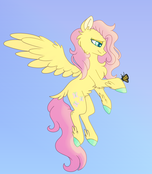 Size: 1280x1463 | Tagged: safe, artist:lolwise, derpibooru import, fluttershy, butterfly, pegasus, pony, belly fluff, cheek fluff, chest fluff, colored hooves, colored pupils, cute, ear fluff, fluffy, leg fluff, lidded eyes, profile, shyabetes, sky, solo, wing fluff