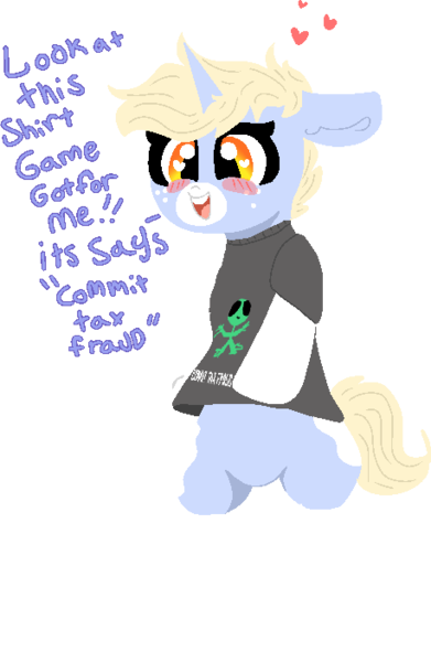 Size: 458x703 | Tagged: safe, artist:nootaz, derpibooru import, oc, oc:nootaz, pony, semi-anthro, bipedal, blush sticker, blushing, clothes, cute, dialogue, ear fluff, floppy ears, freckles, happy, heart, heart eyes, looking down, nootabetes, ocbetes, shirt, simple background, smiling, solo, tax fraud, text, transparent background, wingding eyes