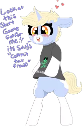 Size: 458x703 | Tagged: safe, artist:nootaz, derpibooru import, oc, oc:nootaz, pony, semi-anthro, bipedal, blushing, blush sticker, clothes, cute, dialogue, ear fluff, floppy ears, freckles, happy, heart, heart eyes, looking down, nootabetes, ocbetes, shirt, simple background, smiling, solo, tax fraud, text, transparent background, wingding eyes