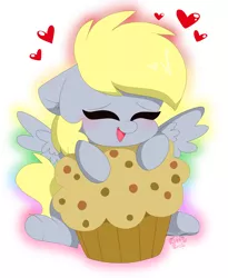 Size: 3312x4032 | Tagged: safe, artist:kittyrosie, derpibooru import, derpy hooves, pegasus, pony, blushing, cute, derpabetes, female, food, heart, muffin, open mouth, solo