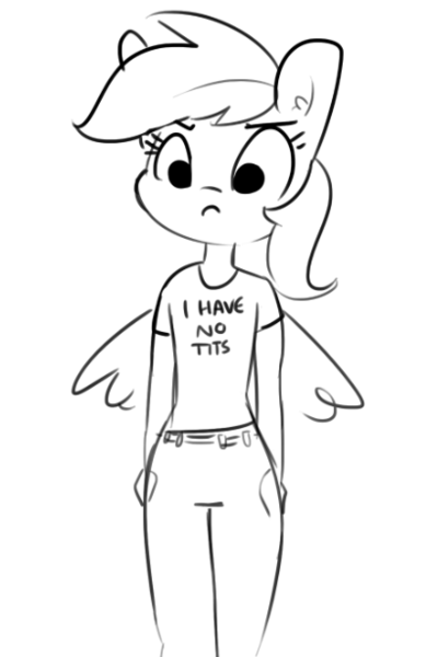 Size: 398x614 | Tagged: safe, artist:tjpones, derpibooru import, rainbow dash, anthro, pegasus, black and white, breasts, clothes, delicious flat chest, ear fluff, female, frown, grayscale, mare, monochrome, rainbow dash always dresses in style, rainbow flat, shirt, simple background, sketch, white background
