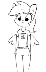 Size: 398x614 | Tagged: safe, artist:tjpones, derpibooru import, rainbow dash, anthro, pegasus, black and white, breasts, clothes, delicious flat chest, ear fluff, female, frown, grayscale, mare, monochrome, rainbow dash always dresses in style, rainbow flat, shirt, simple background, sketch, white background