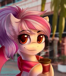 Size: 1053x1200 | Tagged: safe, artist:falafeljake, derpibooru import, oc, oc:windbreaker, unofficial characters only, pony, clothes, coffee, colored pupils, commission, female, holding, looking at you, mare, scarf, smiling, solo, ych result