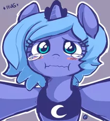 Size: 944x1038 | Tagged: safe, artist:ende26, derpibooru import, edit, princess luna, alicorn, pony, blushing, crying, cute, female, filly, hug, sad face, solo, weapons-grade cute, woona, younger