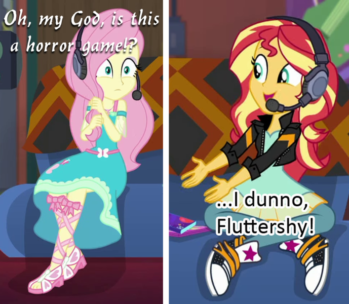 Size: 775x675 | Tagged: safe, derpibooru import, edit, edited screencap, screencap, fluttershy, sunset shimmer, equestria girls, equestria girls series, game stream, spoiler:doki doki literature club, spoiler:eqg series (season 2), arin hanson, clothes, converse, couch, dan avidan, doki doki literature club, egoraptor, game grumps, grumpset shimmer, headset, microphone, not so grumpershy, scared, shoes, spoilers for another series, sunset gamer, this will end in death, this will end in tears, this will end in tears and/or death