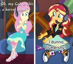 Size: 775x675 | Tagged: safe, derpibooru import, edit, edited screencap, screencap, fluttershy, sunset shimmer, equestria girls, equestria girls series, game stream, spoiler:doki doki literature club, spoiler:eqg series (season 2), arin hanson, clothes, converse, couch, dan avidan, doki doki literature club, egoraptor, game grumps, grumpset shimmer, headset, microphone, not so grumpershy, scared, shoes, spoilers for another series, sunset gamer, this will end in death, this will end in tears, this will end in tears and/or death