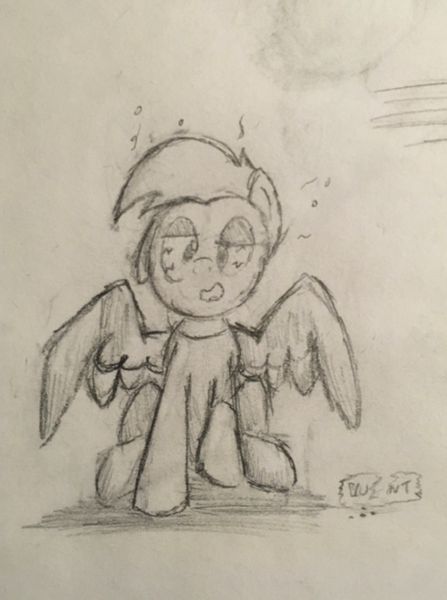 Size: 615x826 | Tagged: safe, artist:memely, derpibooru import, oc, oc:duk, bird, duck, duck pony, pegasus, pony, bloodshot eyes, dizzy, drugs, high, monochrome, quak, solo, traditional art, way too much